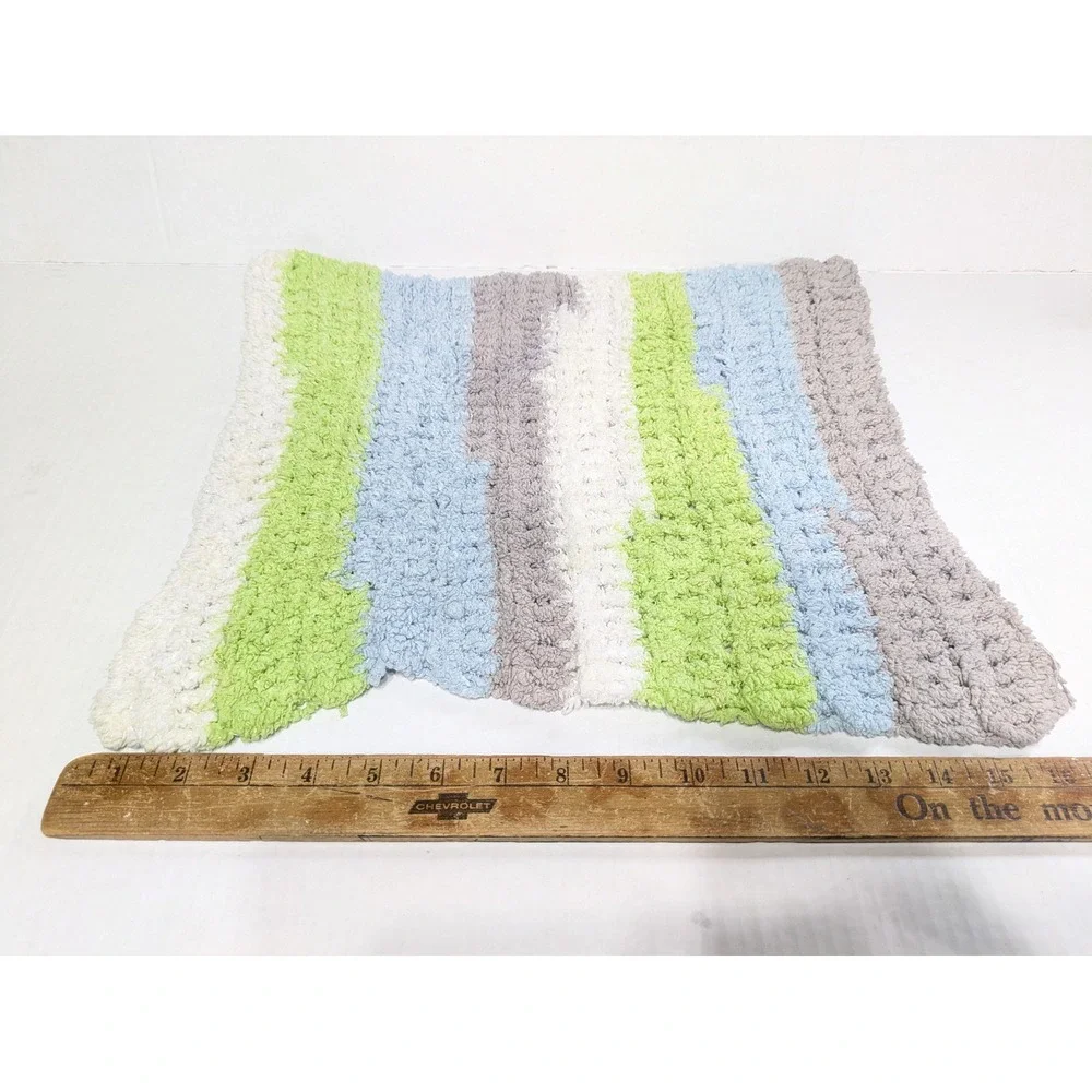 Baby Boy Blanket & Lovey Blue Green Elephant Satin Taggie Ribbon Crochet Striped